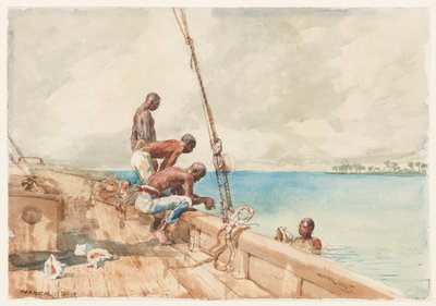 コンクダイバーズ、1885年（紙のグラファイトの上にトイレ） 作： Winslow Homer