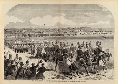 1859年9月9日、マサチューセッツキャンプ、コンコード近郊での大反省会（『ハーパーズ・ウィークリー』1859年9月24日号より 作： Winslow Homer