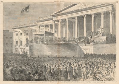 1861 年 3 月 4 日、ワシントン州議会議事堂でのアメリカ合衆国大統領としてのエイブラハム リンカーンの就任式。 ハーパーから 作： Winslow Homer
