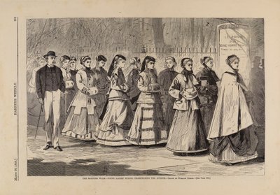 朝の散歩--大通りを行進する若い婦人学校（『ハーパーズ・ウィークリー』1868年3月28日号より 作： Winslow Homer