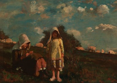 フィールドでサンボンネットを持つ 2 人の女の子 作： Winslow Homer