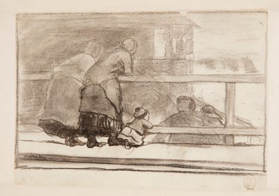 2 人の女性と 1 人の子供がレールに乗り、タインマウスのビーチを見下ろす 作： Winslow Homer