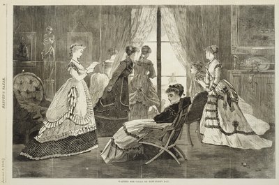 1869年1月2日、元旦の電話待ち（木の彫刻） 作： Winslow Homer