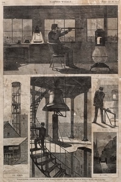 時計塔、春のコーナーとヴァリック通り、ニューヨーク、1874。 作： Winslow Homer