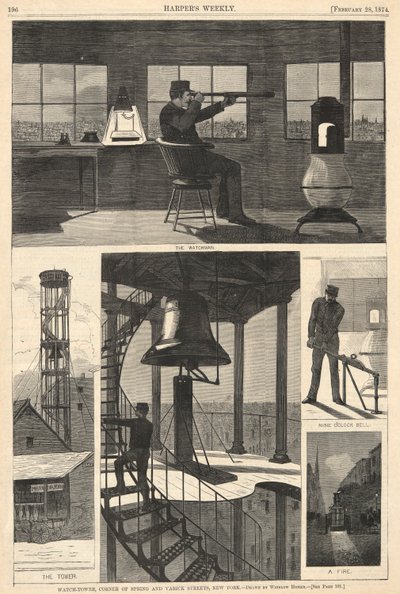 ものみの塔、スプリング ストリートとヴァリック ストリートの角、ニューヨーク、ハーパーより 作： Winslow Homer