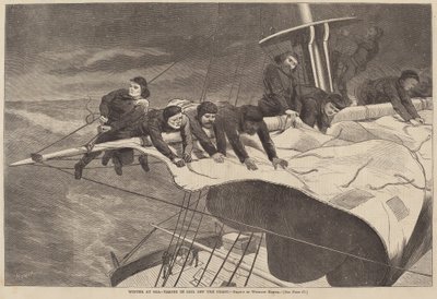 Winter at Sea - Taking in Sail Off the Coast』（1869年刊）。 作： Winslow Homer