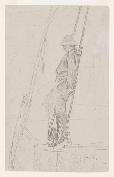 ヨットの索具にもたれて若い男 作： Winslow Homer