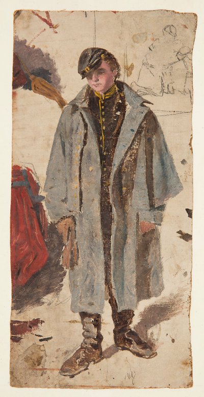 若い兵士、負傷した仲間に水を与える兵士のスケッチ 作： Winslow Homer
