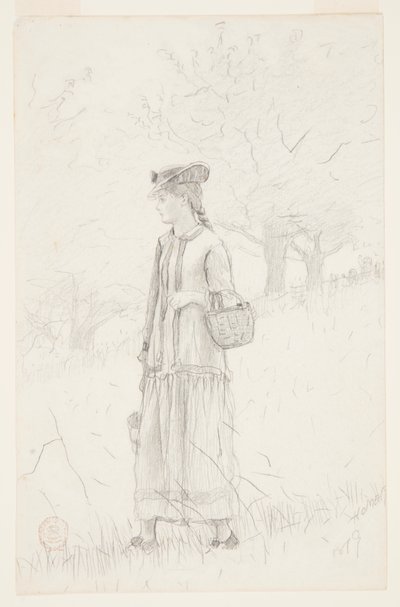 バスケットを運ぶ若い女性 作： Winslow Homer