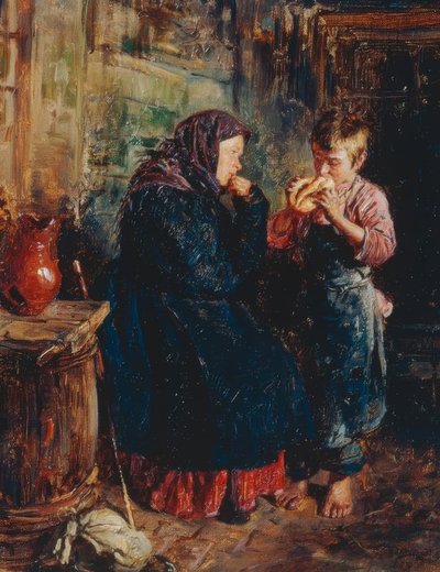歳の女性とパンを持つ少年 作： Wladimir Jegorowitsch Makowski