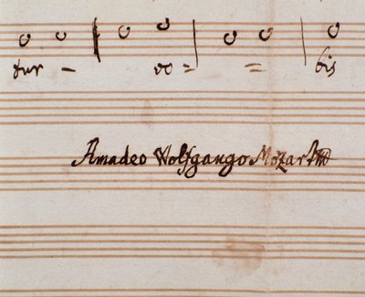 モーツァルトがアカデミコ・フィラルモニコの称号を得るために作曲した「Querite primum regnum Dei」の楽譜ページの作曲者のサインの詳細（1770年 作： Wolfgang Amadeus Mozart