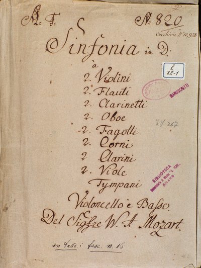 モーツァルトの「交響曲第4番D」の楽譜の最初のページです。 作： Wolfgang Amadeus Mozart