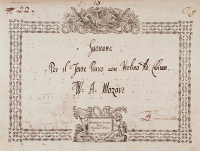 モーツァルトのフォルツ・ピアノとヴァイオリンのためのソナタの表紙です。 作： Wolfgang Amadeus Mozart