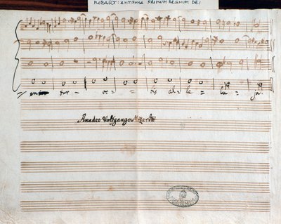 モーツァルトがアカデミコ・フィラルモニコの称号を得るために作曲した「Querite primum regnum Dei」の作曲者のサインがあるページ（1770年 作： Wolfgang Amadeus Mozart