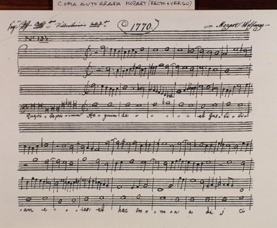 モーツァルトがアカデミア・フィラルモニコの称号を得るために作曲した「Querite primum regnum Dei」の楽譜ページ、マルティーニ神父が修正したバージョン（1770年）。 作： Wolfgang Amadeus Mozart
