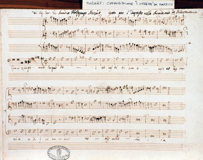 モーツァルトがアカデミコ・フィラルモニコの称号を得るために作曲した「Querite primum regnum Dei」の楽譜ページ（1770年）。 作： Wolfgang Amadeus Mozart