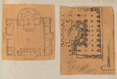 建築・インテリアのドローイングと数枚のプリントを収めたスクラップブックのページ（1800年頃～1850年頃）。制作者シャルル・ペルシエの工房、ピエール・フランソワ・レオナール・フォンテーヌの工房。 作： Workshop of Charles Percier, Workshop of Pierre