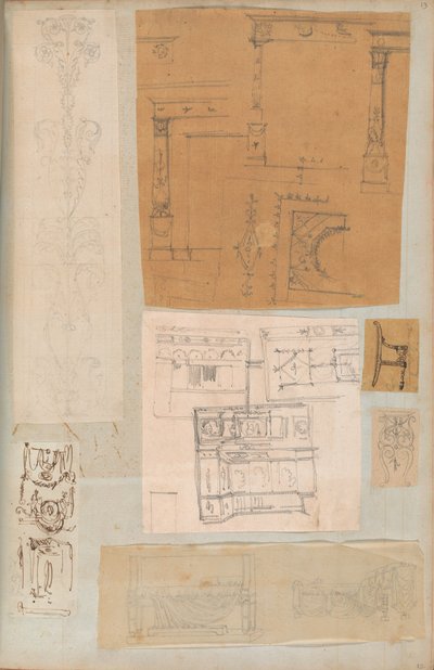 建築・インテリアのドローイングと数枚のプリントを収めたスクラップブックのページ（1800年頃～1850年頃）。制作者シャルル・ペルシエの工房、ピエール・フランソワ・レオナール・フォンテーヌの工房。 作： Workshop of Charles Percier, Workshop of Pierre