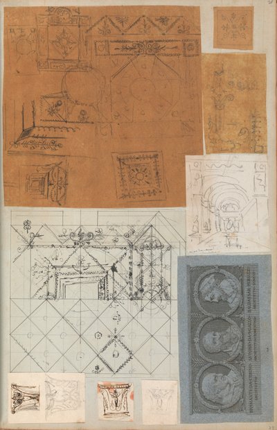 建築・インテリアのドローイングと数枚のプリントを収めたスクラップブックのページ（1800年頃～1850年頃）。制作者シャルル・ペルシエの工房、ピエール・フランソワ・レオナール・フォンテーヌの工房。 作： Workshop of Charles Percier, Workshop of Pierre