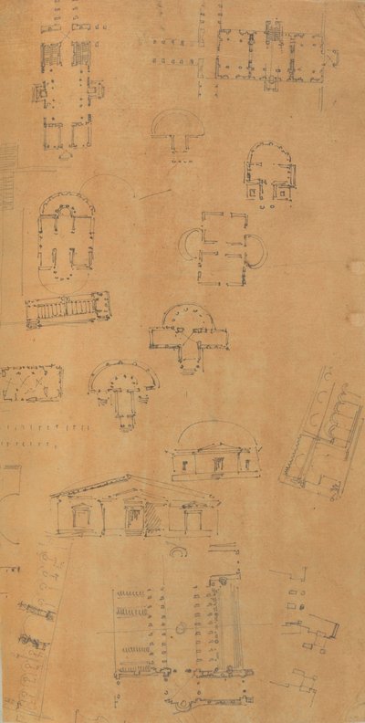 建築・インテリアのドローイングと数枚のプリントを収めたスクラップブックのページ（1800年頃～1850年頃）。制作者シャルル・ペルシエの工房、ピエール・フランソワ・レオナール・フォンテーヌの工房。 作： Workshop of Charles Percier, Workshop of Pierre