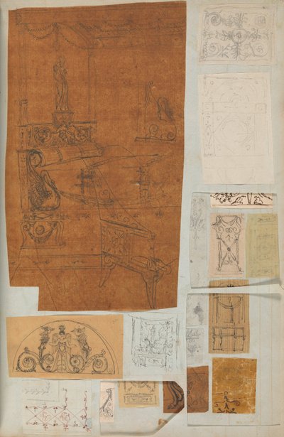 建築・インテリアのドローイングと数枚のプリントを収めたスクラップブックのページ（1800年頃～1850年頃）。制作者シャルル・ペルシエの工房、ピエール・フランソワ・レオナール・フォンテーヌの工房。 作： Workshop of Charles Percier, Workshop of Pierre