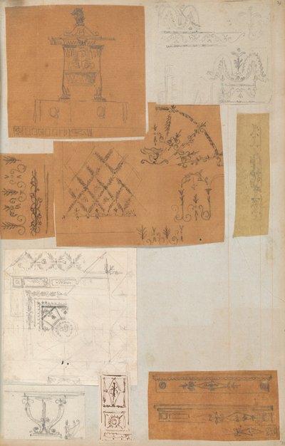 建築・インテリアのドローイングと数枚のプリントを収めたスクラップブックのページ（1800年頃～1850年頃）。制作者シャルル・ペルシエの工房、ピエール・フランソワ・レオナール・フォンテーヌの工房。 作： Workshop of Charles Percier, Workshop of Pierre
