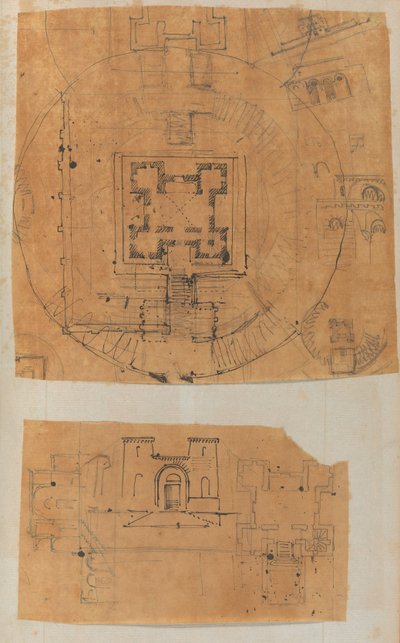 建築・インテリアのドローイングと数枚のプリントを収めたスクラップブックのページ（1800年頃～1850年頃）。制作者シャルル・ペルシエの工房、ピエール・フランソワ・レオナール・フォンテーヌの工房。 作： Workshop of Charles Percier, Workshop of Pierre