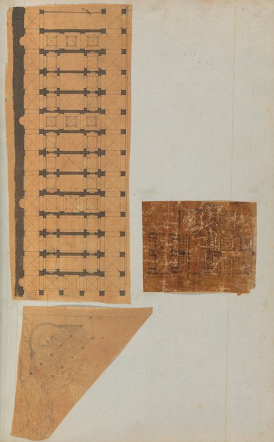 図面といくつかのアーキテクチャの印刷物を含むスクラップブックのページ, Int..., ca. 1800～1850年。 クリエイター: シャルル・ペルシエのワークショップ、ピエール・フランソワ・レオナール・フォンテーヌのワークショップ。 作： Workshop of Charles Percier, Workshop of Pierre