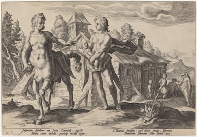 キロンにアスクレピオスの教育を託すアポロン 作： Workshop of Hendrick Goltzius, after Hendrick Goltzius