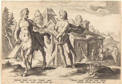 キロンにアスクレピオスの教育を託すアポロン 作： Workshop of Hendrick Goltzius, after Hendrick Goltzius