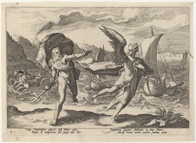 カラスに変身したコロニス 作： Workshop of Hendrick Goltzius, after Hendrick Goltzius