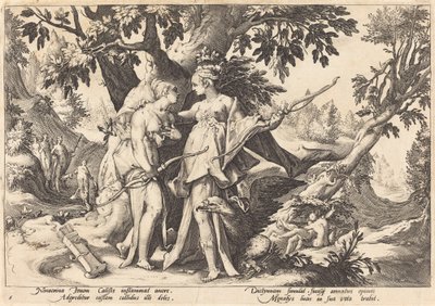 ダイアナに変装したジュピターがカリストを誘惑する 作： Workshop of Hendrick Goltzius, after Hendrick Goltzius