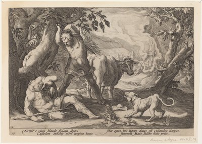 マーキュリーが剣を上げて眠っているアーガスを倒す風景 作： Workshop of Hendrick Goltzius, after Hendrick Goltzius