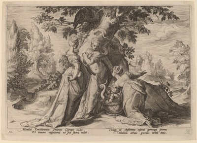ケクロプスの娘たちがミネルバから託された棺を開ける 作： Workshop of Hendrick Goltzius, after Hendrick Goltzius
