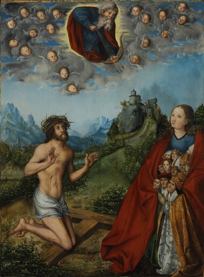 キリストと聖母が父なる神の前で人類のために介入する（3つの疫病） 作： workshop of Lucas Cranach the Elder