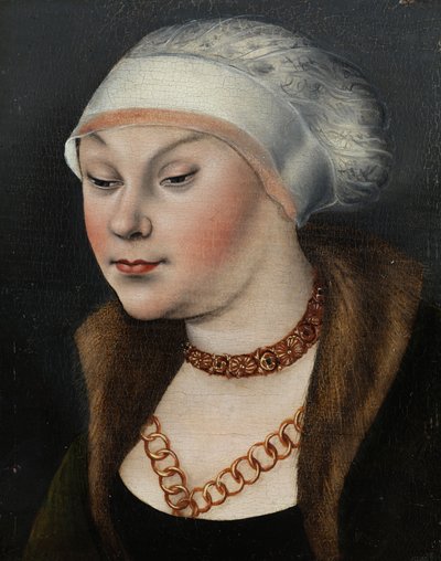 ドイツ語: Kopf einer Dame mit weißer Haube (Omphale) 白いボンネットをかぶった女性の頭部 作： ルーカス・クラナッハ・ザ・エルダーのワークショップ