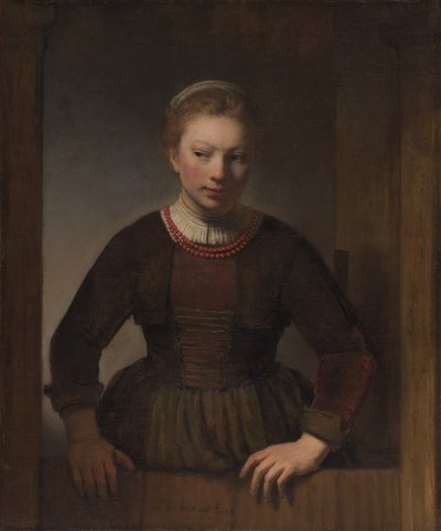 開け放たれた半ドアの若い女性 作： Workshop of Rembrandt van Rijn