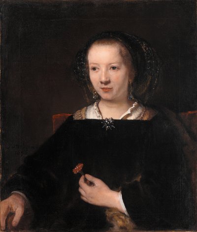 カーネーションを持つ若い女性 作： Workshop of Rembrandt van Rijn