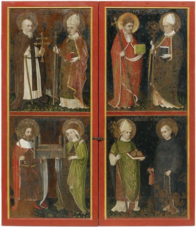 Anthony the Abbot and Erhard of Regensburg Sixtus II and Servatius Henry II and Cunigunde Saint Nicholas and Leonard、c。 1448年 作： Workshop of the Wolfgang Retable