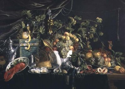 果物、キジのパイ、ロブスターのある静物画 作： Wouter Mertens