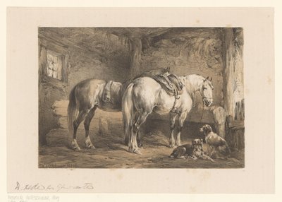 厩舎にいる 2 頭の馬と犬 作： Wouter  Verschuur