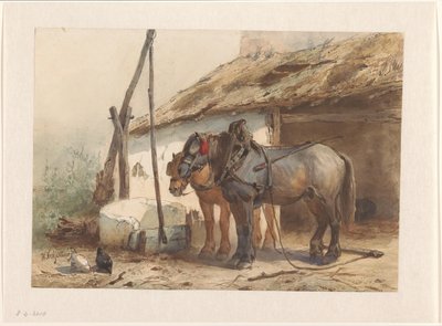 厩舎の前に立っている 2 頭の馬 作： Wouter  Verschuur