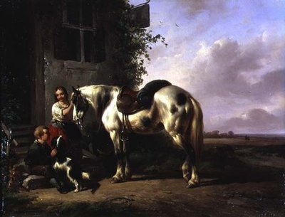 少女、少年、犬、馬がいる旅館の外観 作： Wouterus Verschuur