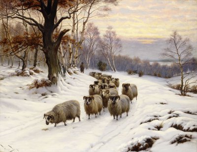 冬の小道にいる羊飼いと彼の群れ 作： Wright Barker