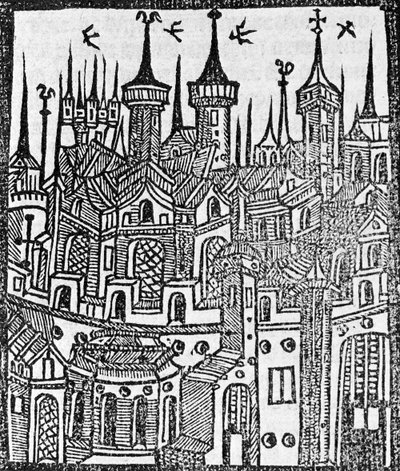 1497年『エングロンデの年代記』からの木版画 作： Wynkyn de Worde