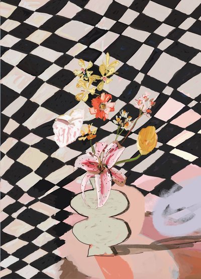 モダンな格子柄の静物画 作： 