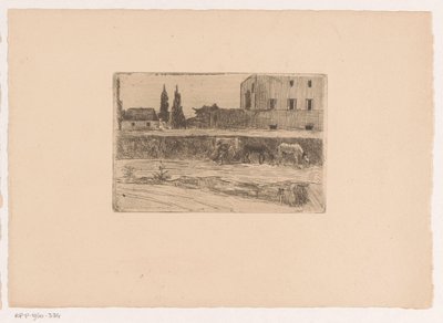建物のある風景と仕事中の人物 作： Xavier Mellery (attributed to)