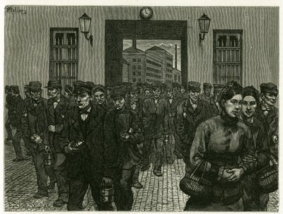 ゲントの工場の出口。美術評論家・作家のカミーユ・ルモニエ（1844-1913）が1888年に発表した物語「ベルギー」の挿絵として、X.メレリーが自然を模写して描いたもの。エドワード・シャルトン（1807-1890）編集の『Tour du monde』（1883年第2学期）に掲載。 作： Xavier Mellery