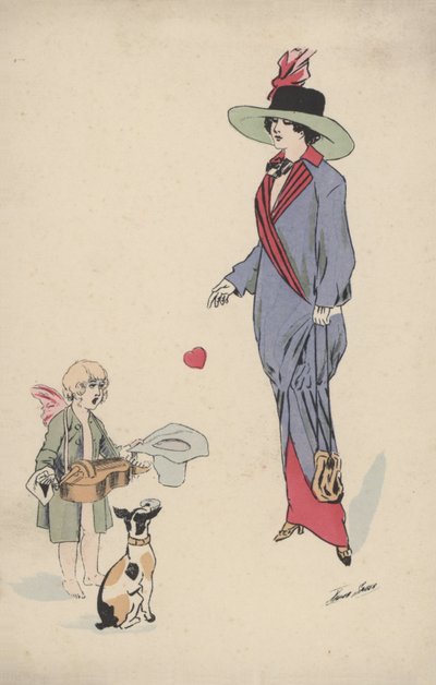 おしゃれに身を包んだ背の高い女の子が心を込めて物乞いしているキューピッド 作： Xavier Sager