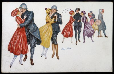 軍人とその婚約者、結婚者、友人 - グザビエ・セイガー（1870-1930）のイラスト ポストカード、v.1915年 作： Xavier Sager